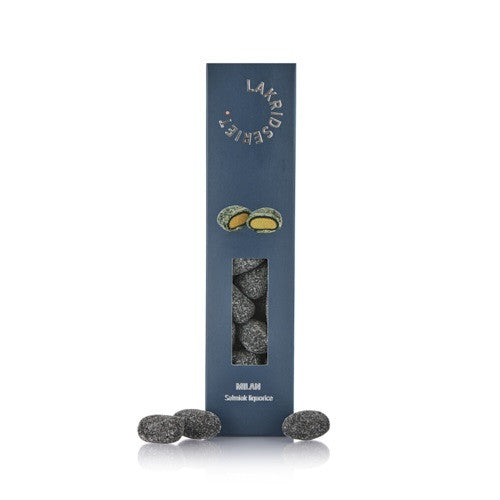 Milan, salmiak lakrids I blå design æske