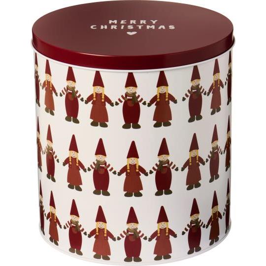 Kagedåse m/nisser hånd i hånd høj rund