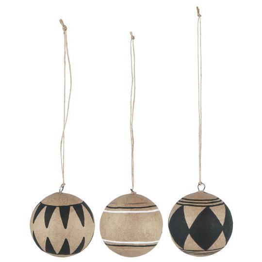 Julekugle papmache natur m/mønster 3 stk. - 8,5 cm
