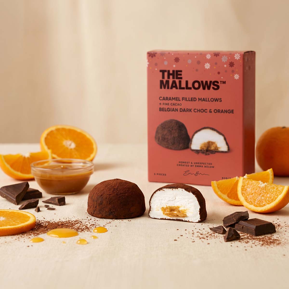 CARAMEL FILLED MALLOWS + DARK CHOC & ORANGE – 5 STK