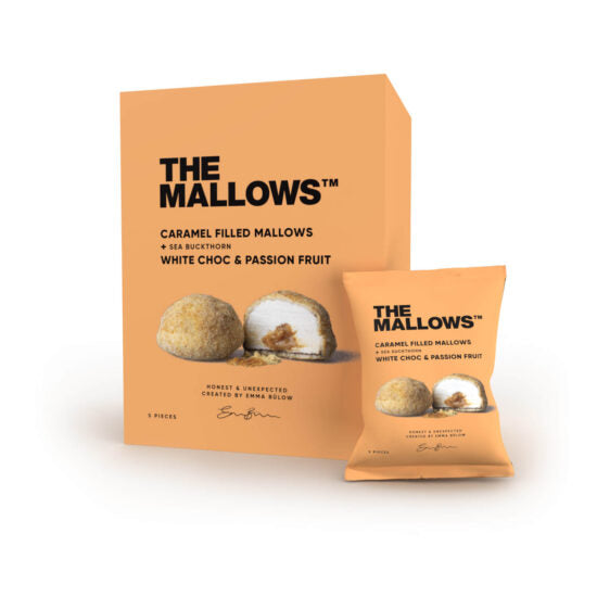 CARAMEL FILLED MALLOWS m. white choc, passion & sea buckthorn, box