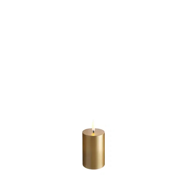 LED pillar candle, Gold finish, Smooth, 5x7,5 cm