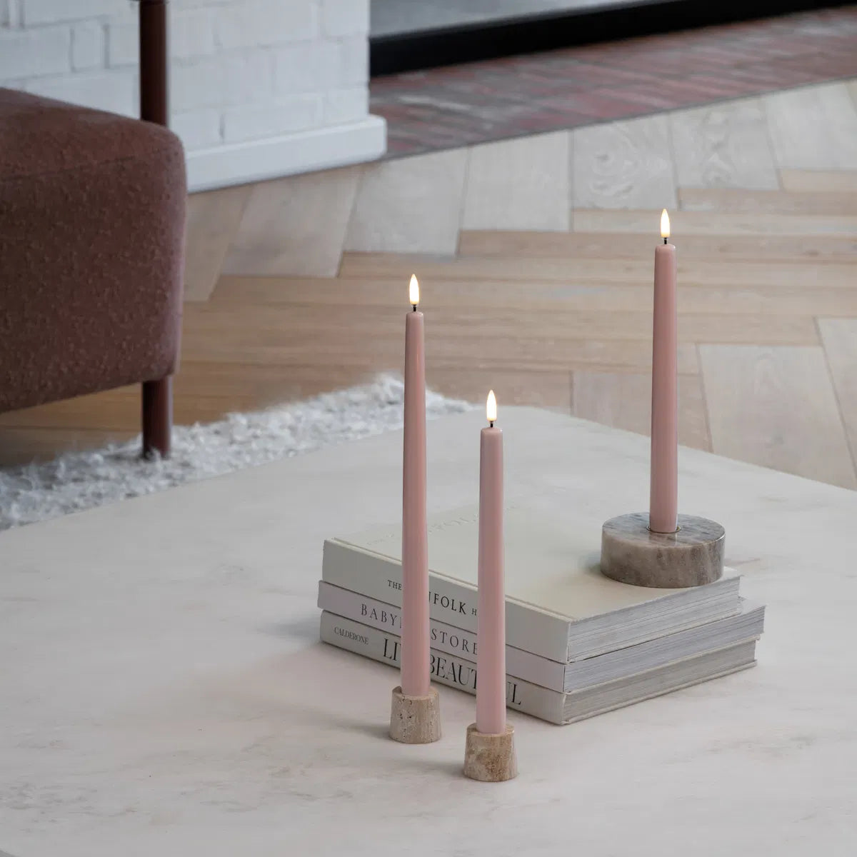 LED taper candle, Rose powder, Smooth, 2-pack, 2,3x25 cm