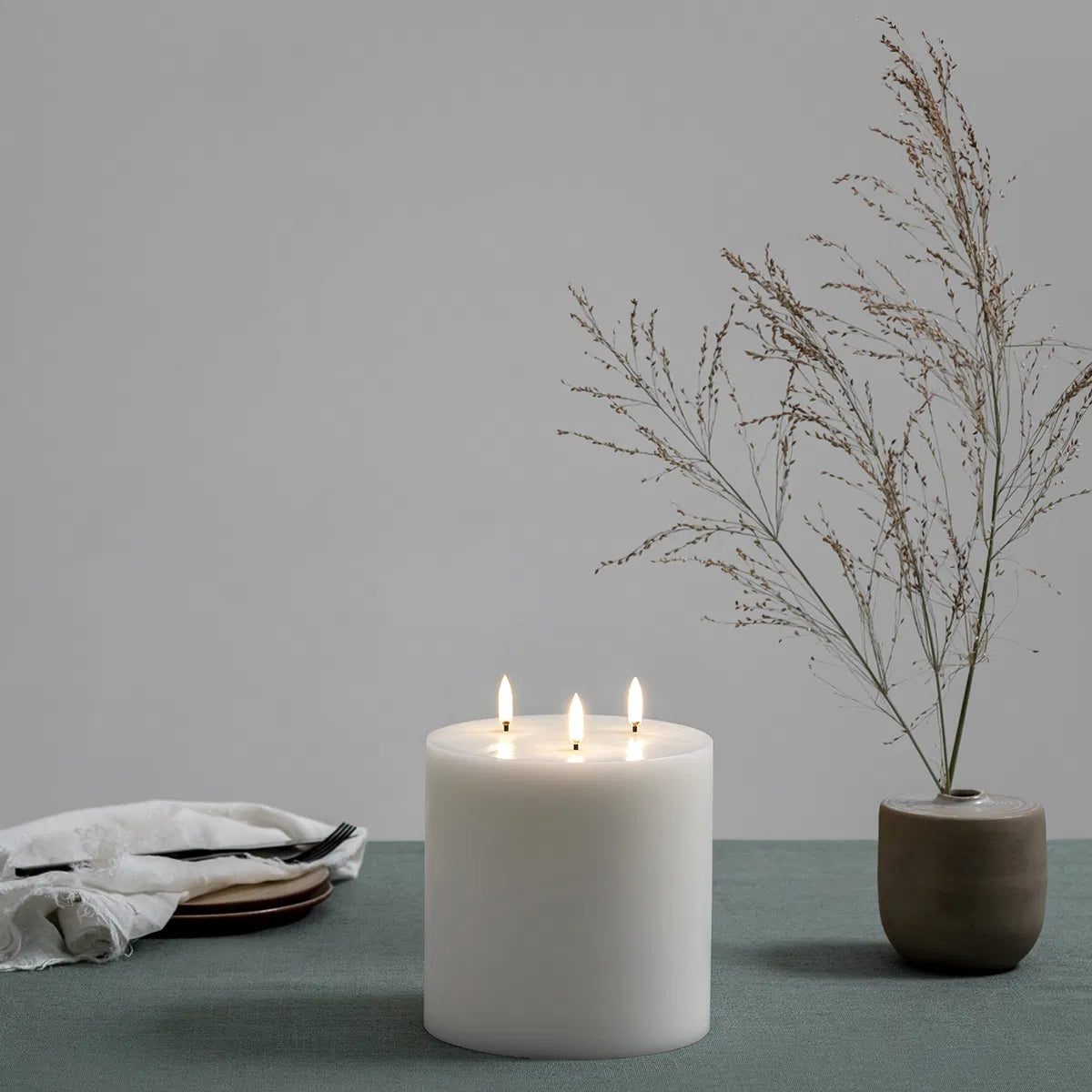 LED pillar candle triple flame, Nordic white, Smooth, 15x15 cm