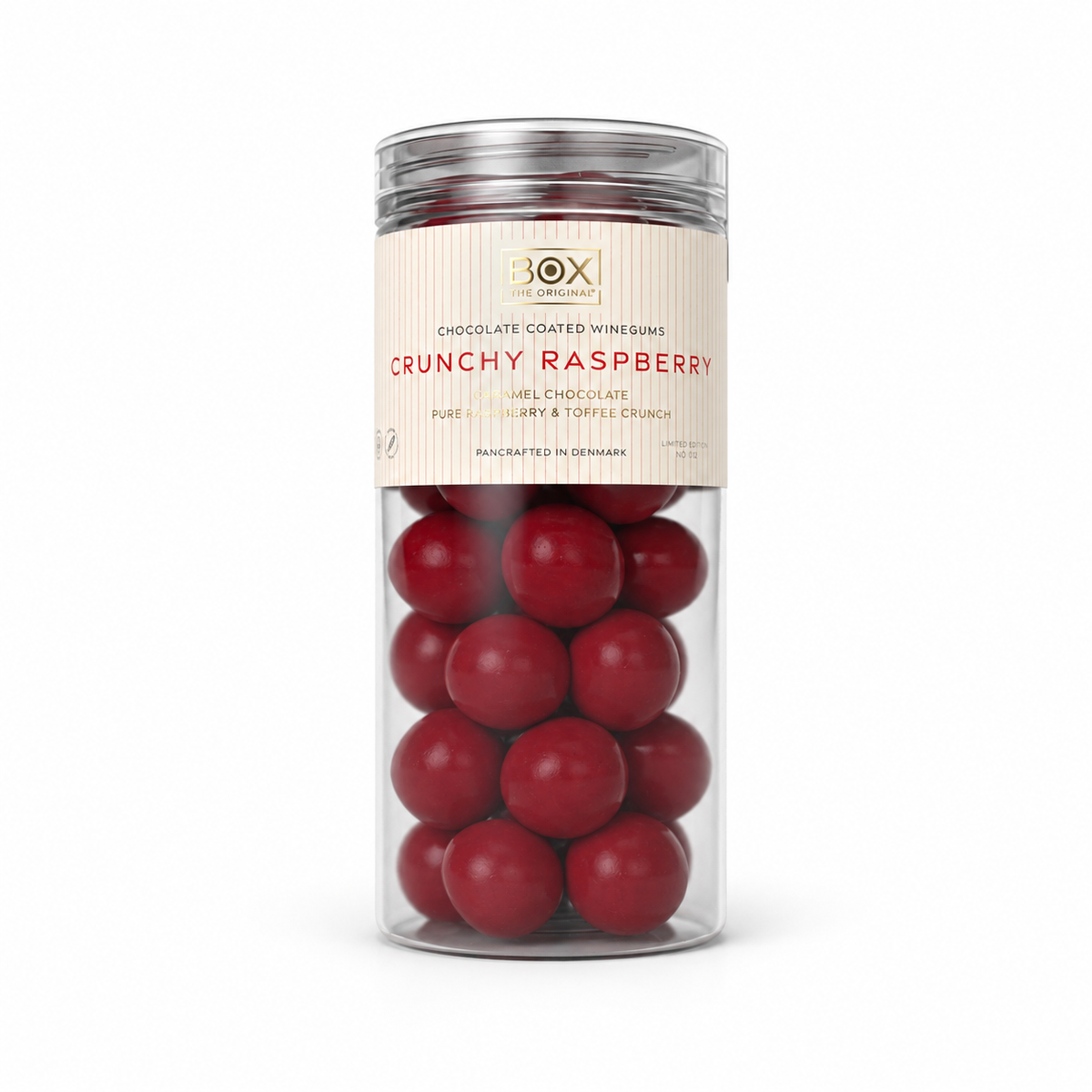 Crunchy Raspberry – chokoladeovertrukket vingummi, 250 g – hvid baggrund