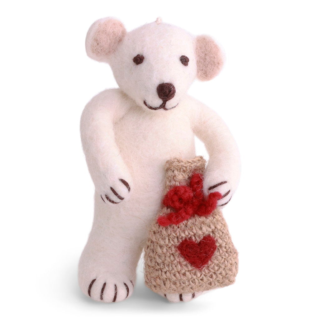 Lille hvid isbjørn med gavesæk – Gry & Sif