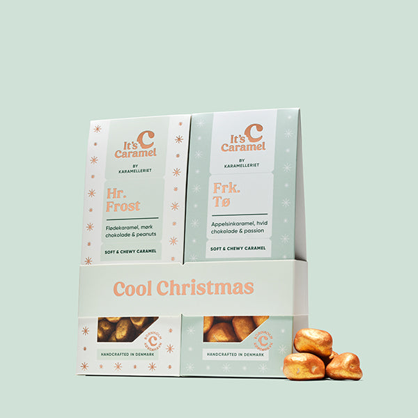 Cool Christmas caramels, 2 x 100g æsker – farvet baggrund