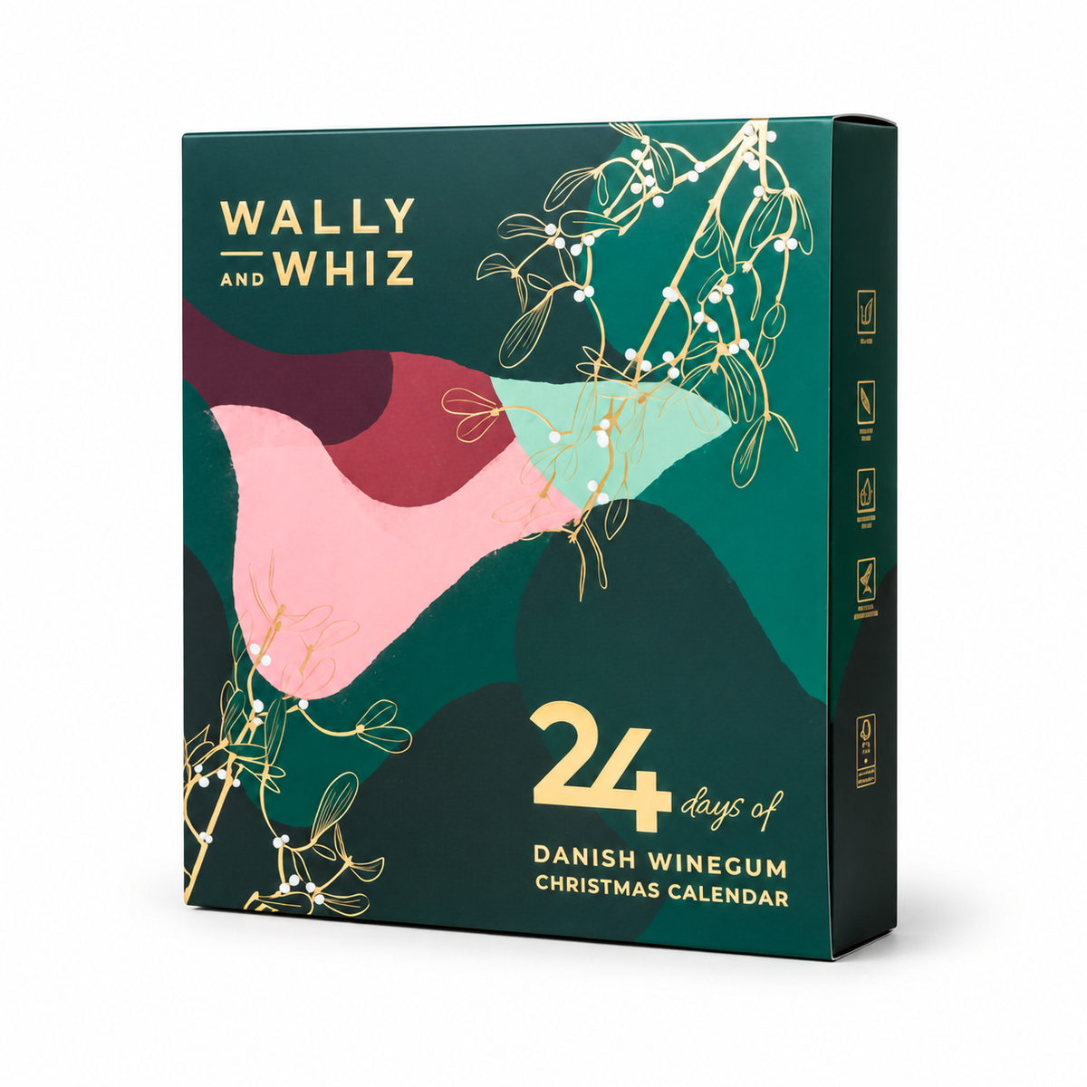 Grøn julekalender 2026 – 388 g – Wally and Whiz på hvid baggrund