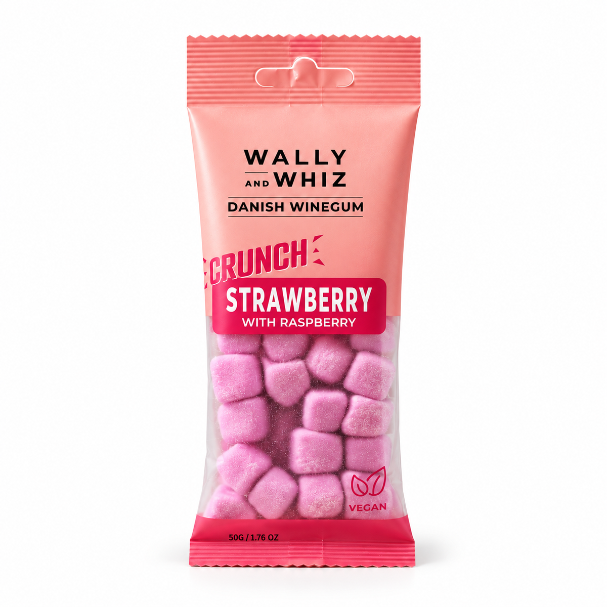 Jordbær med hindbær Crunch – 50 g – Wally and Whiz på hvid baggrund