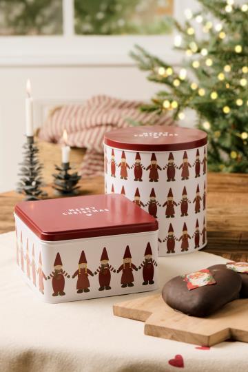 Kagedåse m/nisser hånd i hånd firkantet
