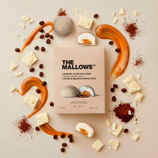 CARAMEL FILLED MALLOWS m. coffee & blegian white choc, box