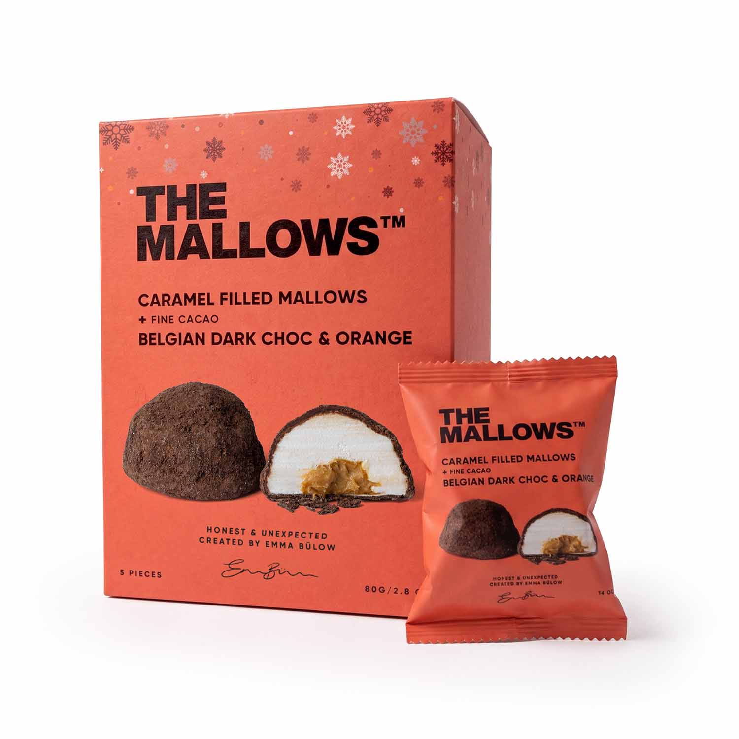 CARAMEL FILLED MALLOWS + DARK CHOC & ORANGE – 5 STK
