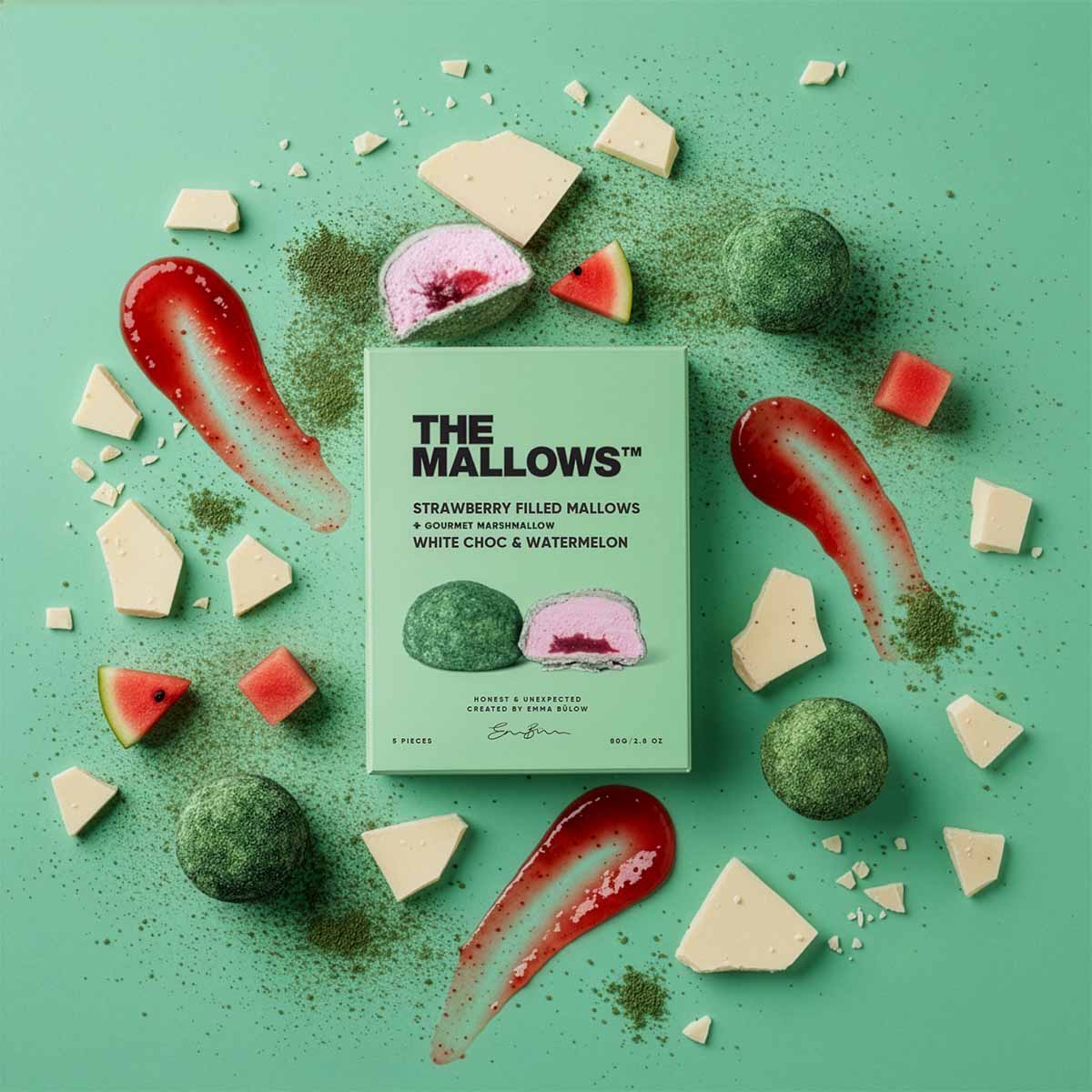 Strawberry Filled Mallows – skumfiduser med jordbær, hvid chokolade & vandmelon – 5 stk.