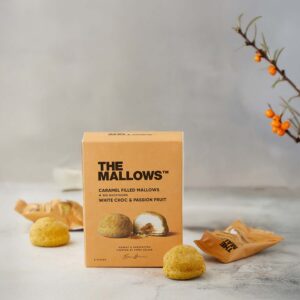 CARAMEL FILLED MALLOWS m. white choc, passion & sea buckthorn, box