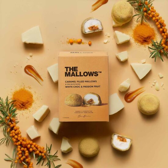 CARAMEL FILLED MALLOWS m. white choc, passion & sea buckthorn, box