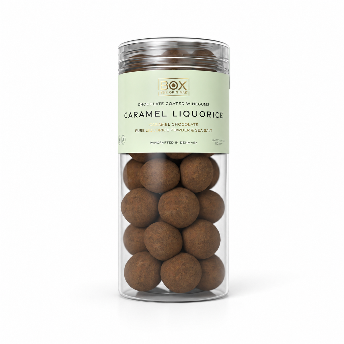 Caramel Liquorice – chokoladeovertrukket vingummi, 250 g – hvid baggrund