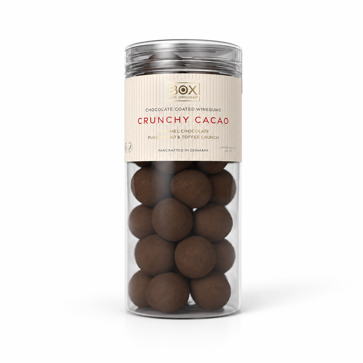 Crunchy Cacao – chokoladeovertrukket vingummi, 250 g – hvid baggrund
