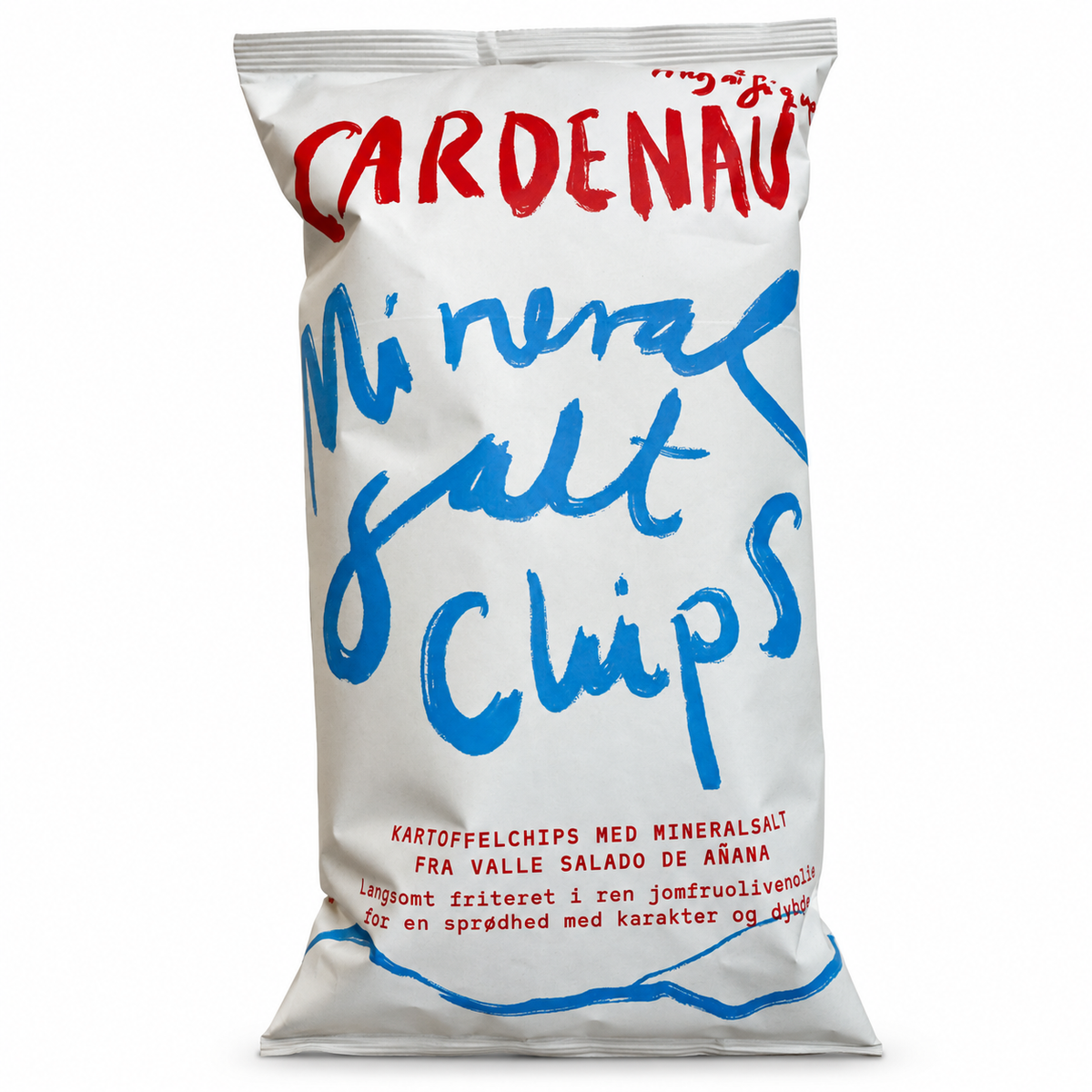 Kartoffelchips med mineralsalt – 140 g – hvid baggrund