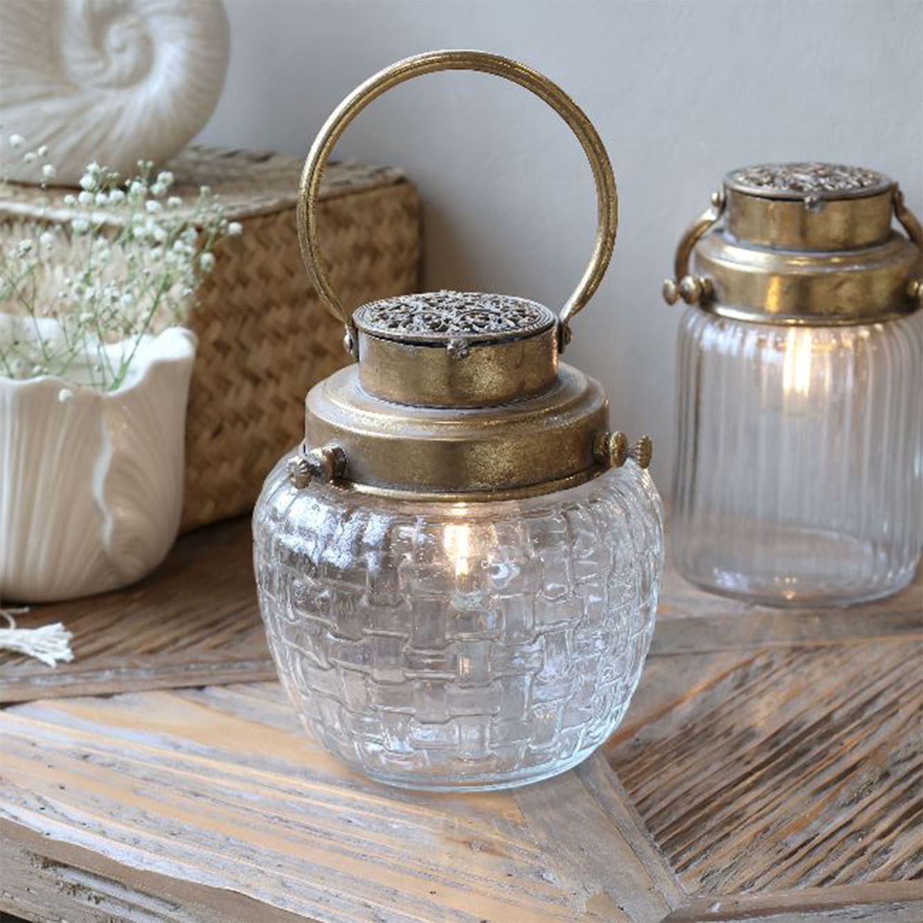 Fransk Staldlanterne inkl. pære & timer-H17/Ø15 cm antique messing