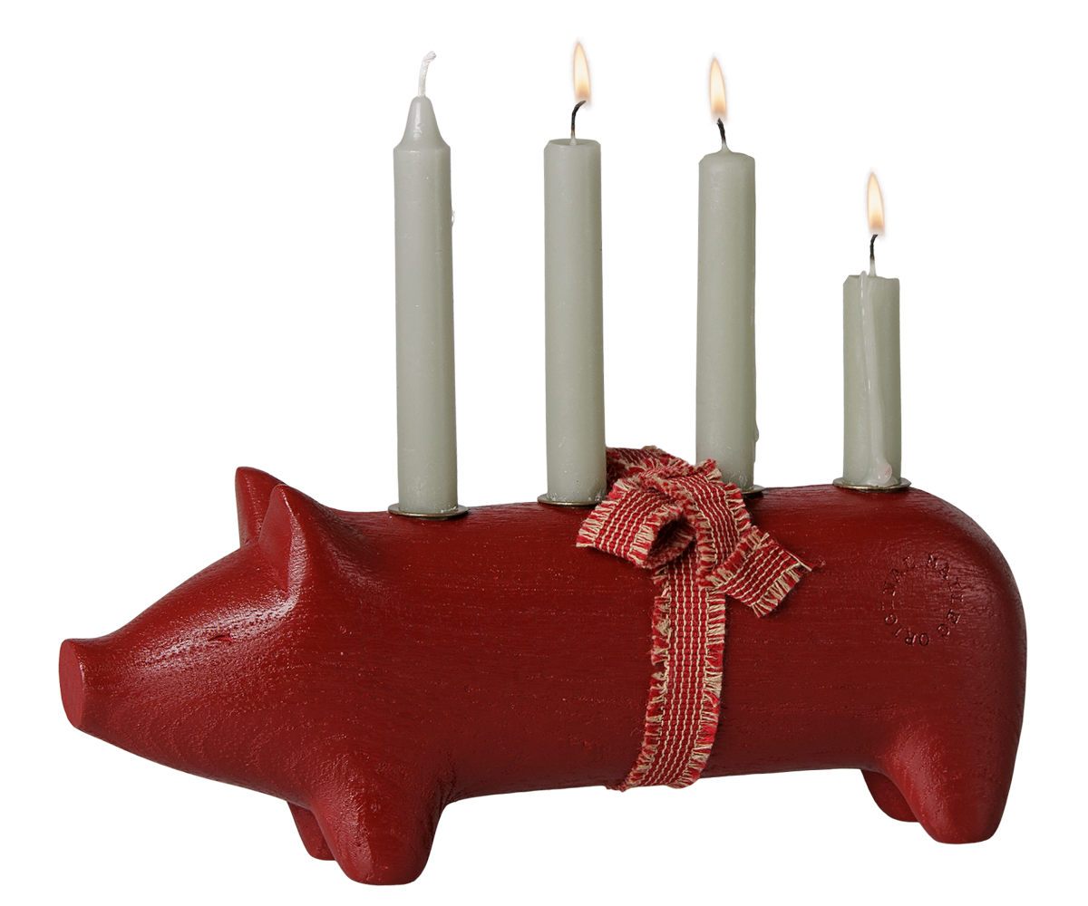 Trælysestage, Gris, Advent Medium - Rød
